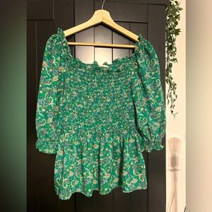 Max Studio floral green shirred bodice ruched